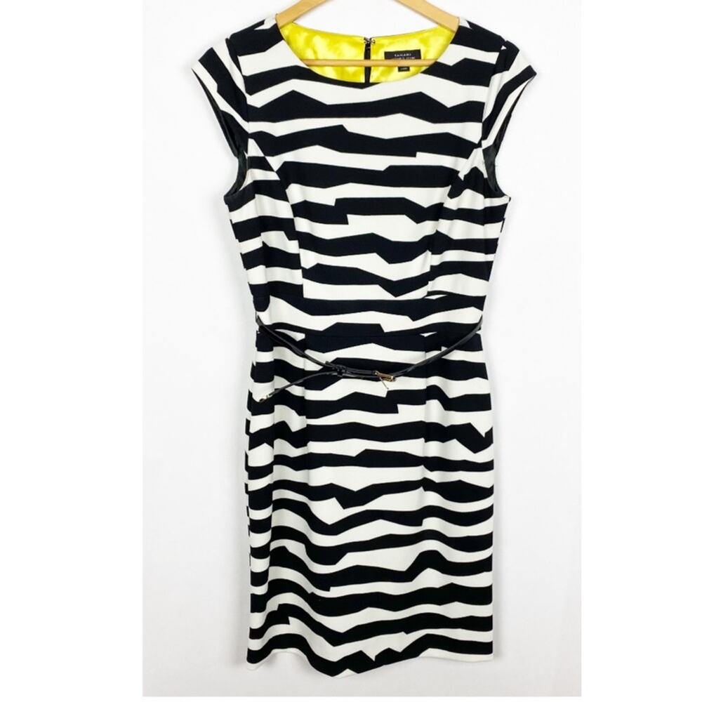 Tahari Belted Black White Print Sheath Dress